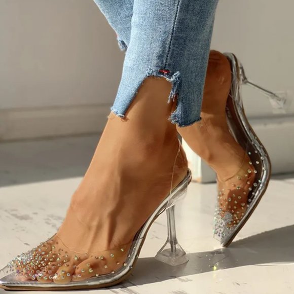 pyramid heel Translucent silver transparent shoes with trendy heels 8US … - Picture 2 of 8